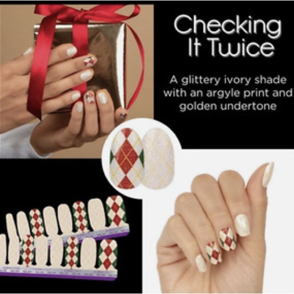 Color Street "Checking It Twice" Ivory with Red & Green Argyle Press-On Nails
